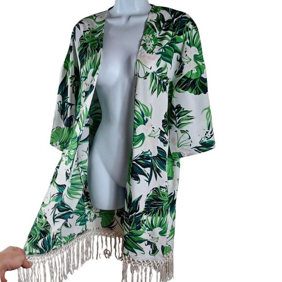Anandas Collection Green Floral Kimono Cover Up Fringe Hem Free Size Resortwear - Picture 3 of 10